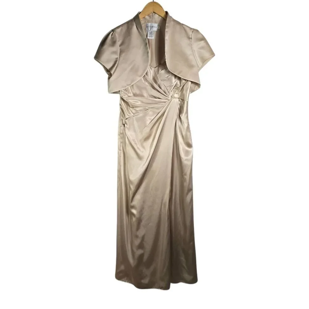 David’s Bridal Champagne Satin Gown w/ Bolero Formal Evening Dress Size 10/12